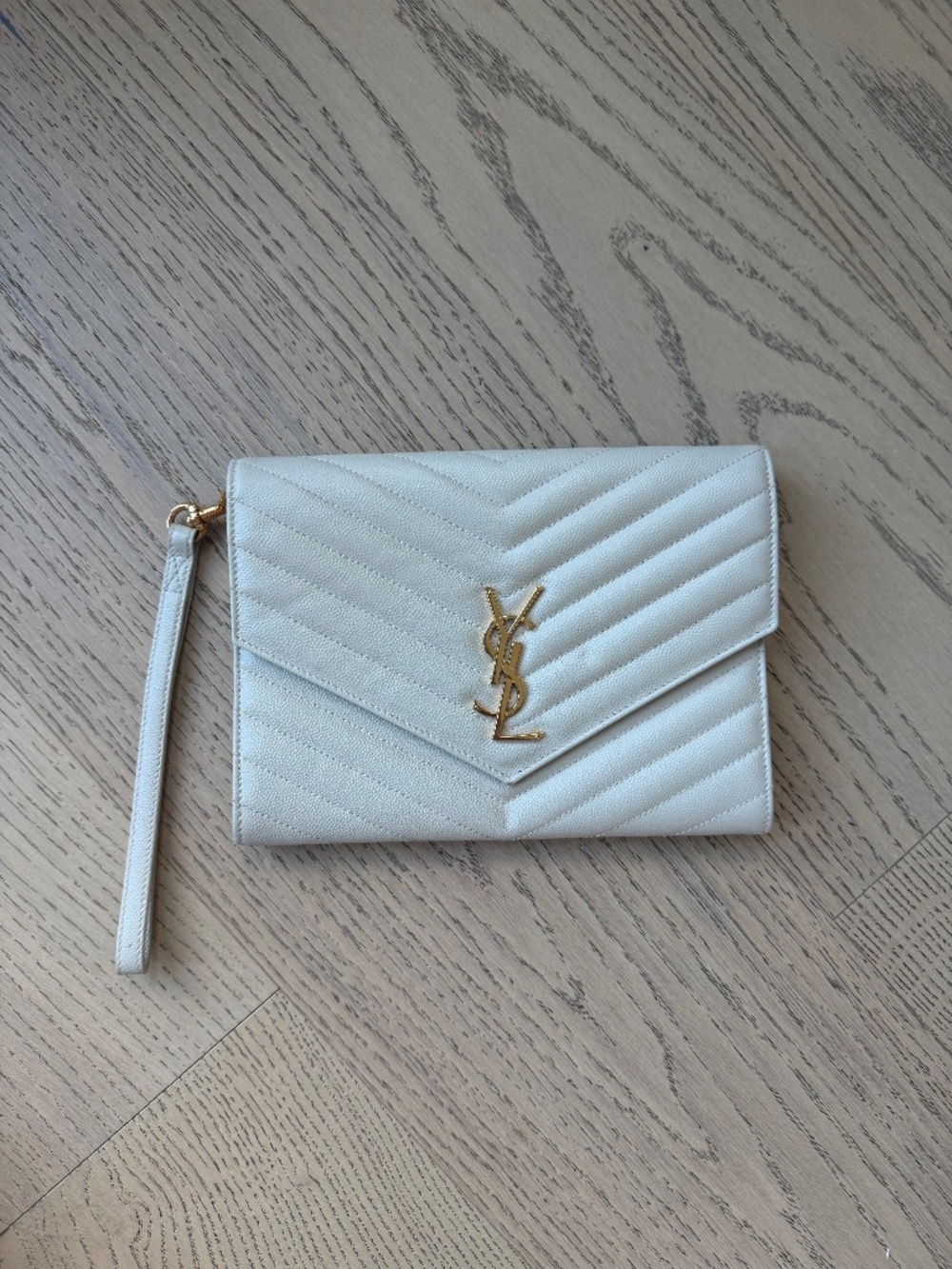 Saint Laurent Uptown Large Wristlet Pouch in Blanc Vintage Grain de Poudre Leath